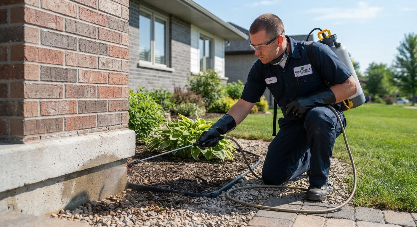 Technician applying perimeter barrier for residential pest control