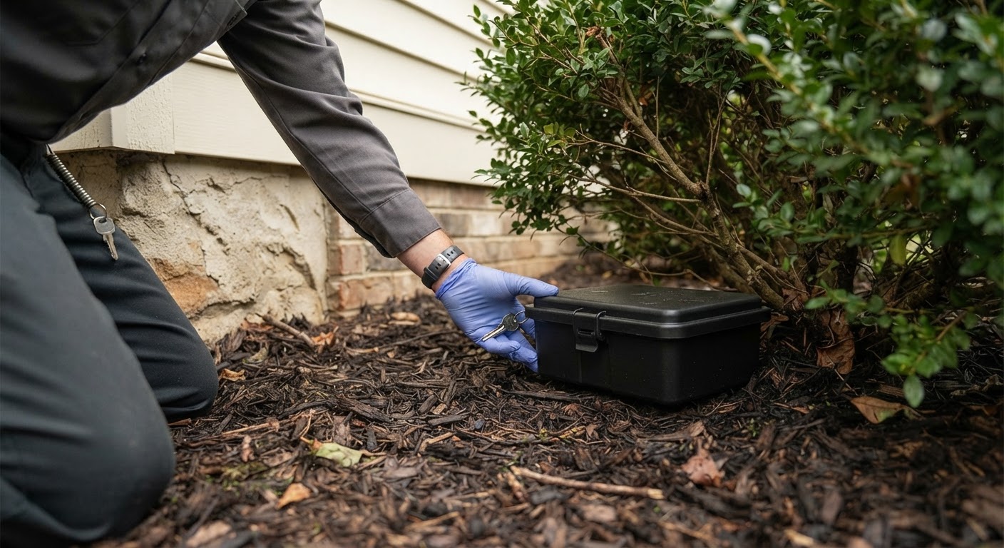 Exterior rodent station installation along residential wall