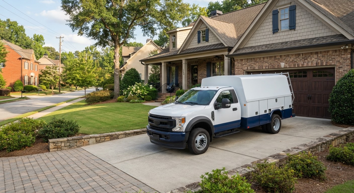 Clean professional service vehicle parked at residential driveway